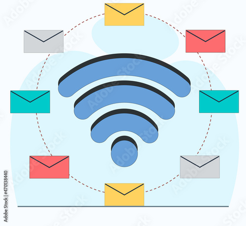 wifi synchronizes email letter exchanges to an electronic messaging service emailservice vector flat illustration