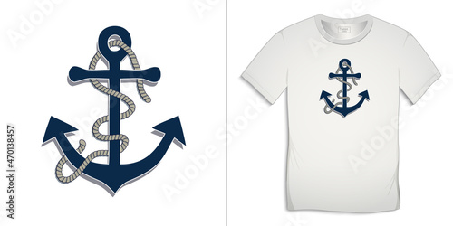 Print on t-shirt marine graphics design, anchor icon with rope, white background vector