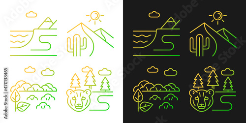 Natural landforms gradient icons set for dark and light mode. Hot desert. Boreal forest. Thin line contour symbols bundle. Isolated vector outline illustrations collection on black and white