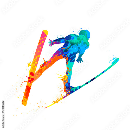 Ski jumping man silhouette os splash paint. Winter sport vector icon.