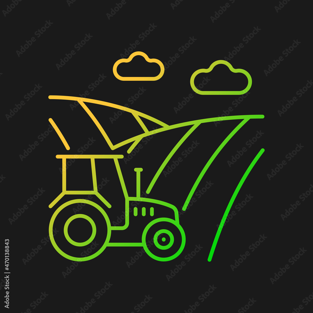 Arable land gradient vector icon for dark theme. Ploughed field. Cropland. Cultivated soil. Agricultural landform. Thin line color symbol. Modern style pictogram. Vector isolated outline drawing
