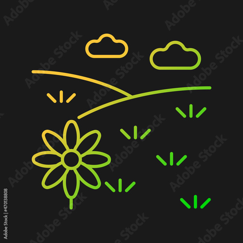 Meadow gradient vector icon for dark theme. Grass covered open land. Field with flowers. Grassland and pastureland. Thin line color symbol. Modern style pictogram. Vector isolated outline drawing