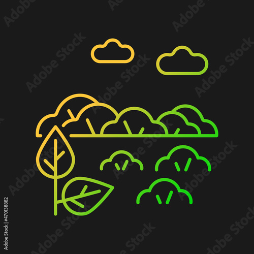 Shrubland gradient vector icon for dark theme. Scrubland. Bush growing area. Land type with shrub. Dry climate zone. Thin line color symbol. Modern style pictogram. Vector isolated outline drawing