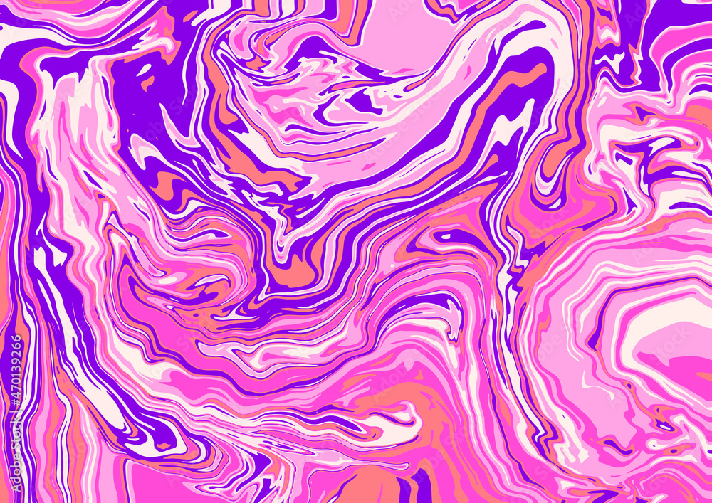 Color trends in 2022. Fluid Art. Beautiful Calming Coral, Velvet Violet, Pacific Pink overflowing colors. Abstract background with swirling paint effect. Liquid acrylic picture that flows and splashes