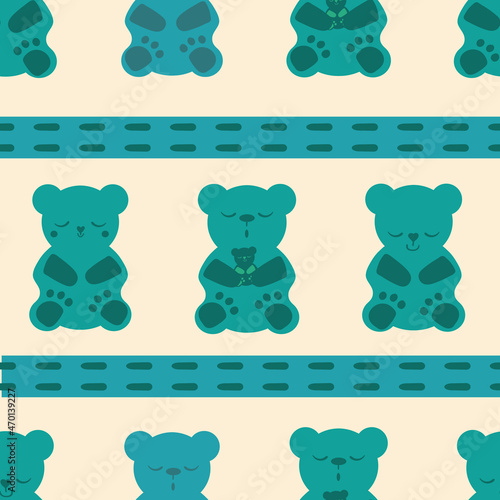Sleep gummies stitch ribbon vector seamless pattern background. Backdrop with blue green sleepy gummy bears and horizontal stripe. Cute kawaii style characters for sleeping well, health concept.