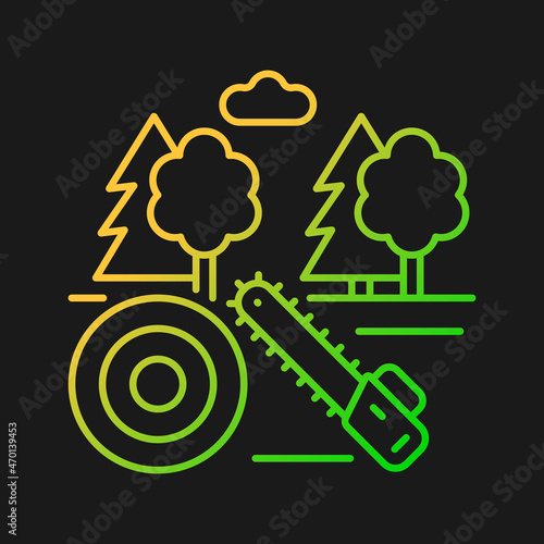 Working forest gradient vector icon for dark theme. Tree cutting industrial area. Timber industry. Forestry business. Thin line color symbol. Modern style pictogram. Vector isolated outline drawing