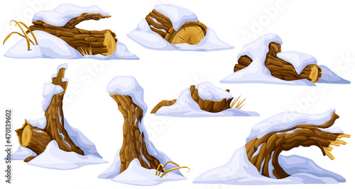 Stumps, wooden logs under snow. Cartoon tree winter. Broken oak and snowdrifts. Isolated vector elements game style on white background.