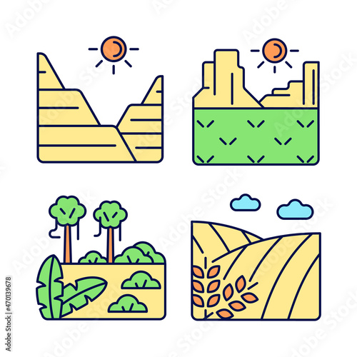 Landforms RGB color icons set. Sediment and rock land formation. Hot climate region. Jungle and rainforest. Isolated vector illustrations. Simple filled line drawings collection. Editable stroke