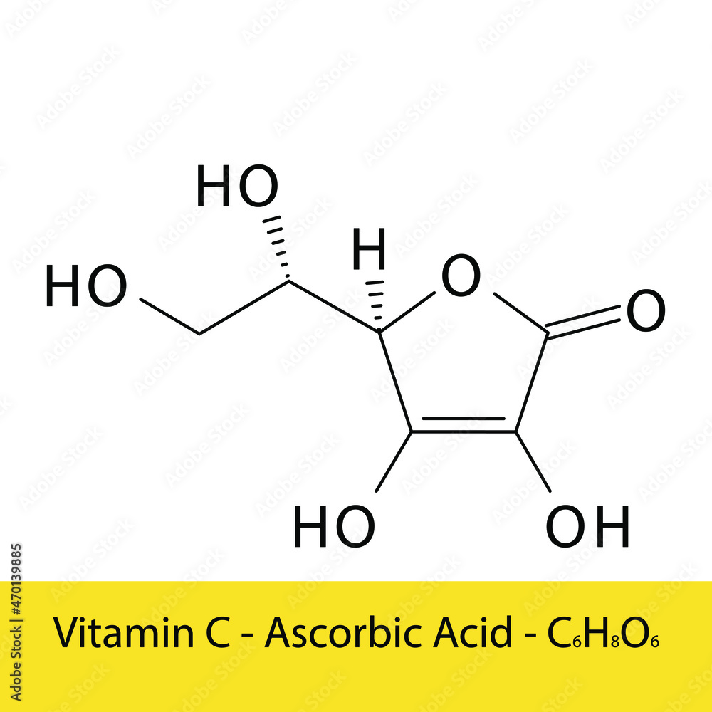 Vitamin C ascorbic acid Skeletal structure and molecular formula. Organic biomolecule, isolated vector illustration Vitamin C ascorbic acid Skeletal structure and molecular formula. Organic biomolecule, isolated vector illustration