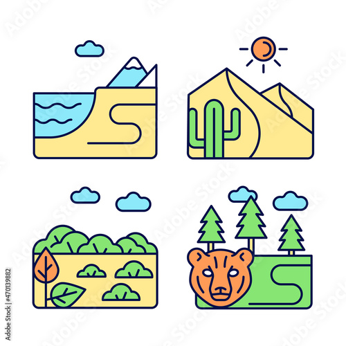 Natural landforms RGB color icons set. Coastal terrain. Hot desert. Boreal forest. Terrestrial biomes. Isolated vector illustrations. Simple filled line drawings collection. Editable stroke