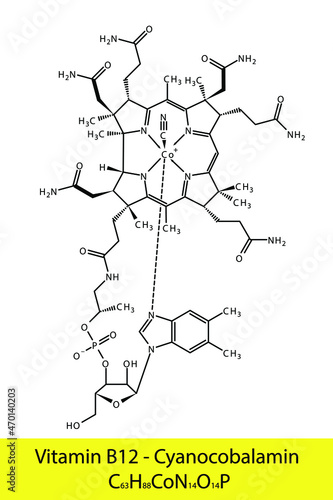 Vitamin B12 Cyanocobalamin Skeletal structure and molecular formula. Organic biomolecule, isolated vector illustration