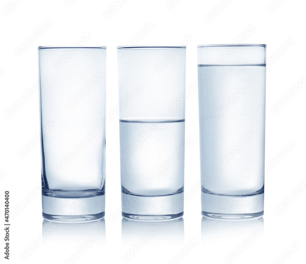 Empty, half and full glasses of water on white background Empty, half and full glasses of water on white background