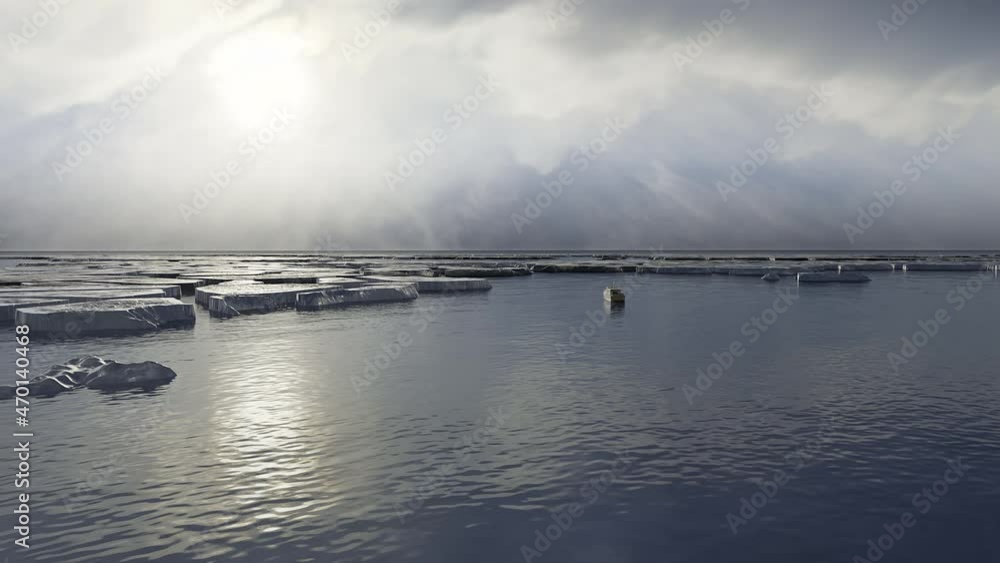 3d Rendering of small research boat sailing near ice patches and icebergs affected by climate change and global warming 3d Rendering of small research boat sailing near ice patches and icebergs affected by climate change and global warming