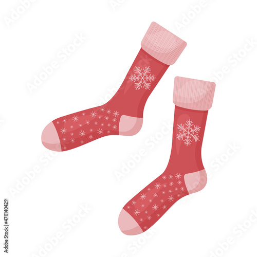 Bright red Christmas socks with the image of a large snowflake. Warm Christmas socks. A piece of clothing with the symbols of Christmas and New Year. Warm clothes, vector illustration