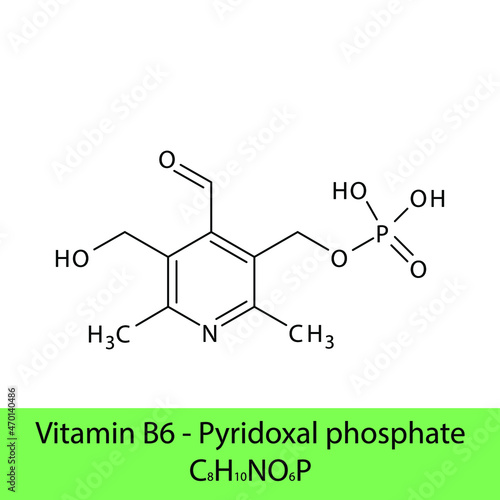 Vitamin B6 Pyridoxal phosphate Skeletal structure and molecular formula. Organic biomolecule, isolated vector illustration