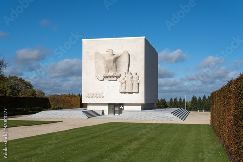 Neupre, Belgium - November 1, 2021: Ardennes American Cemetery and Memorial. Many of the burial are from the Ardennes winter offensive (Battle of the Bulge). Autumn sunny day. Selective focus. photo