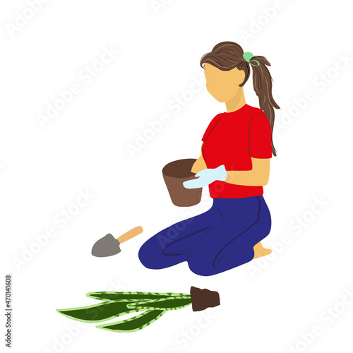 
Woman florist in gloves replanting a pot of sansevieria
 Housekeeping and houseplant care concept. Pots with sansevieria plant isolated on white. Home decor