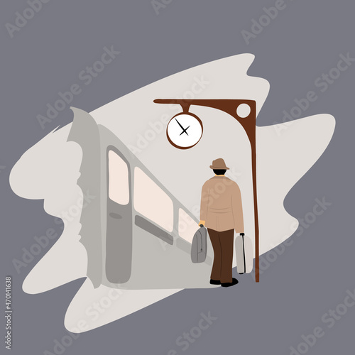A man walks with a suitcase at the train station. Businessman on railway walking for new business opportunity. Retro style. Flat style. 
