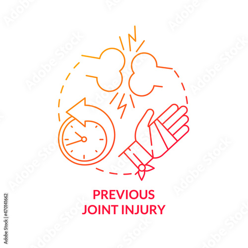 Previous joint injury red gradient concept icon. Arthritis risk factor abstract idea thin line illustration. Bones trauma can lead to disease. Vector isolated outline color drawing