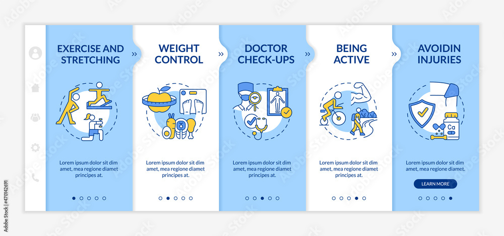 Risk of arthritis reduction onboarding vector template. Responsive mobile website with icons. Web page walkthrough 5 step screens. Disease prevention color concept with linear illustrations