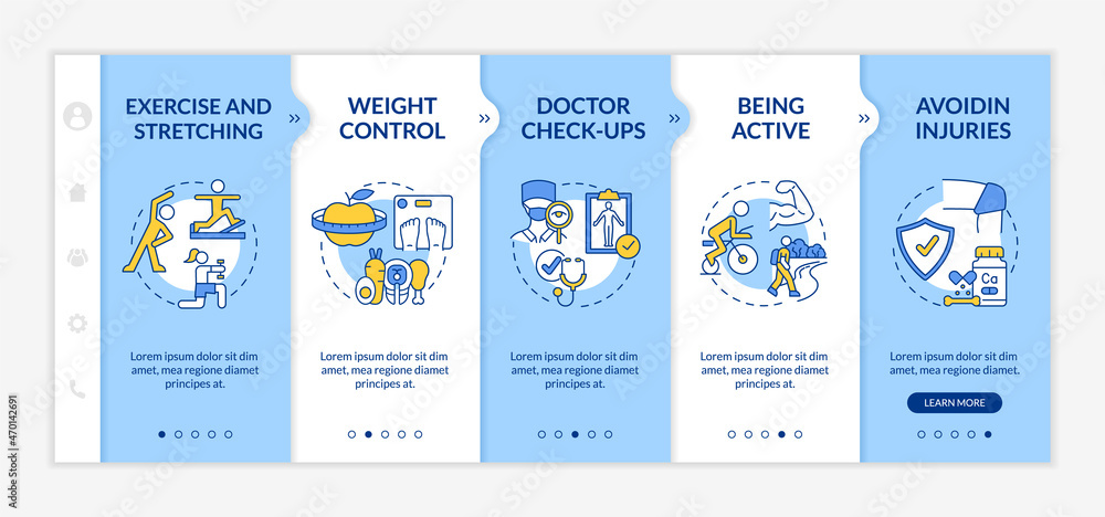 Risk of arthritis reduction onboarding vector template. Responsive mobile website with icons. Web page walkthrough 5 step screens. Disease prevention color concept with linear illustrations Risk of arthritis reduction onboarding vector template. Responsive mobile website with icons. Web page walkthrough 5 step screens. Disease prevention color concept with linear illustrations