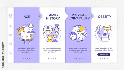 Arthritis development factors onboarding vector template. Responsive mobile website with icons. Web page walkthrough 4 step screens. Causes of osteoarthritis color concept with linear illustrations