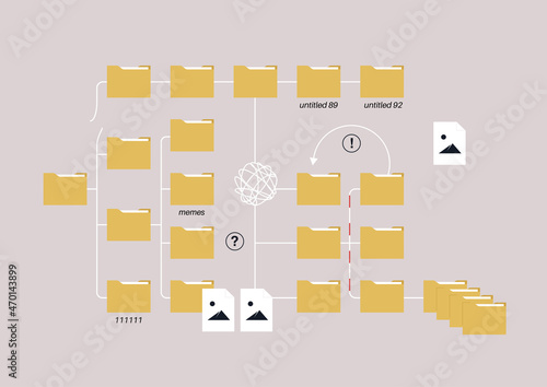 Cluttered workspace, a file directory with folders in a chaotic disorder