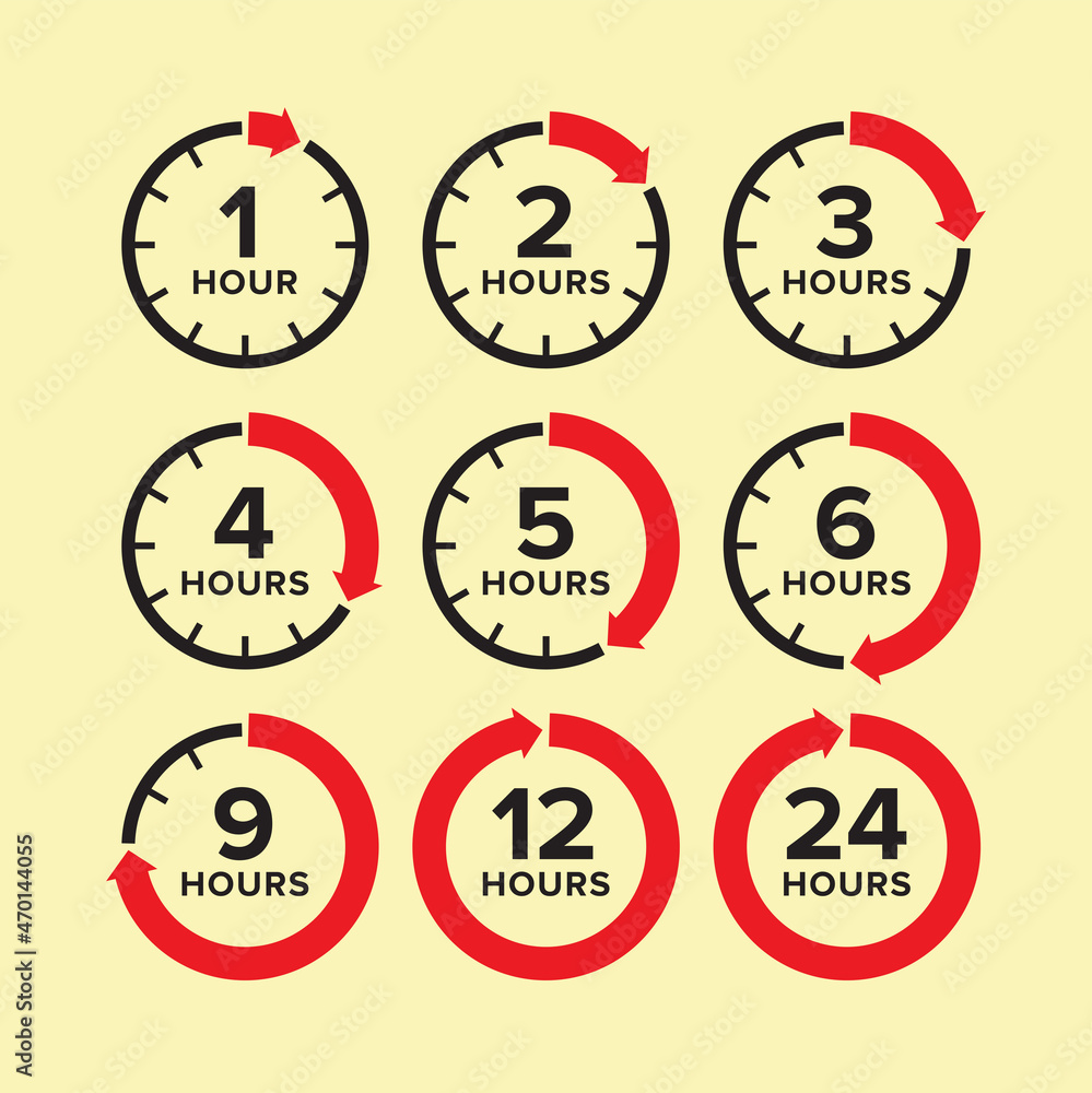Clock and time. Watch and hours. Set of raster clock icons with time