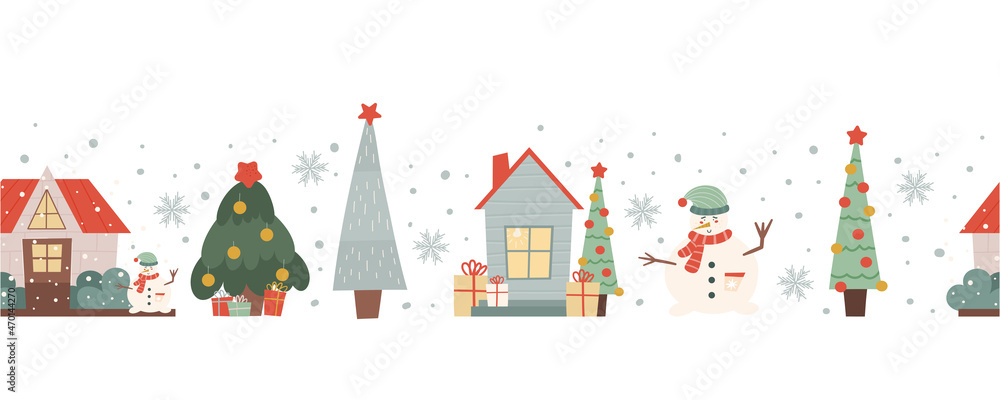 Winter seamless border with houses, Christmas trees and a snowman. Christmas seamless pattern. Vector illustration in flat style