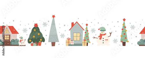 Winter seamless border with houses, Christmas trees and a snowman. Christmas seamless pattern. Vector illustration in flat style