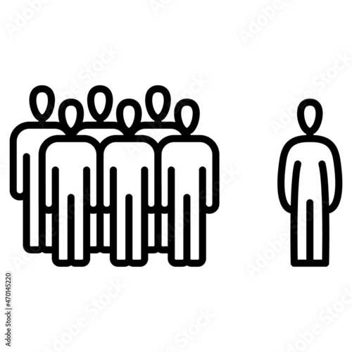 Opposition to the crowd. Difference and isolation from others. Own opinion. Exiled from society. Vector icon, outline, isolated.