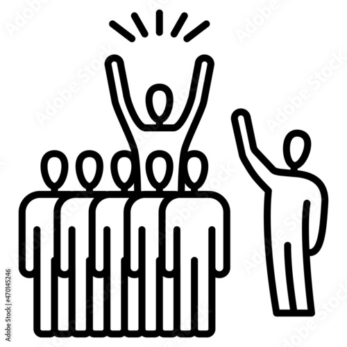 A provocateur at a rally led by the organizer shouts from the crowd. Social crowd management. Manipulation at the protest. Vector icon, outline, isolated.