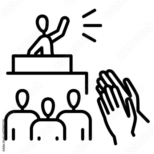 The speaker gives a speech at the conference. Delight and applause during the performance. The person on the podium speaks emotionally. Vector icon, outline, isolated.