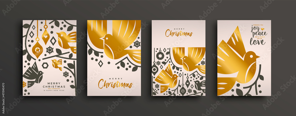 Merry Christmas greeting card set. Gold scandinavian bird animal collection with luxury geometric shapes. Holiday winter design in mid century style. - obrazy, fototapety, plakaty 