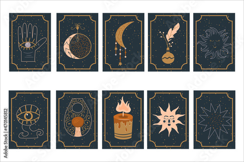 Mystical astrology set magic tarot cards on starry background esoteric symbols.Moon and sun, talismans, amulets and a hand for clairvoyance of the future. Vector illustration in a flat style.
