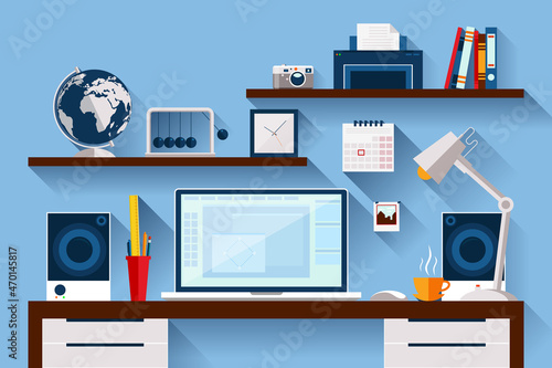 Flat design vector illustration of modern creative office worksp photo