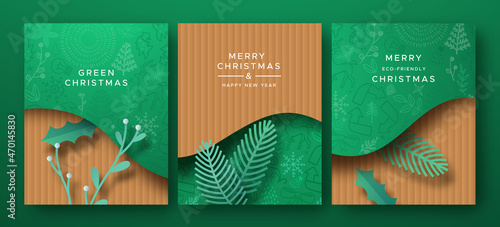 Christmas New Year green paper cut eco card set