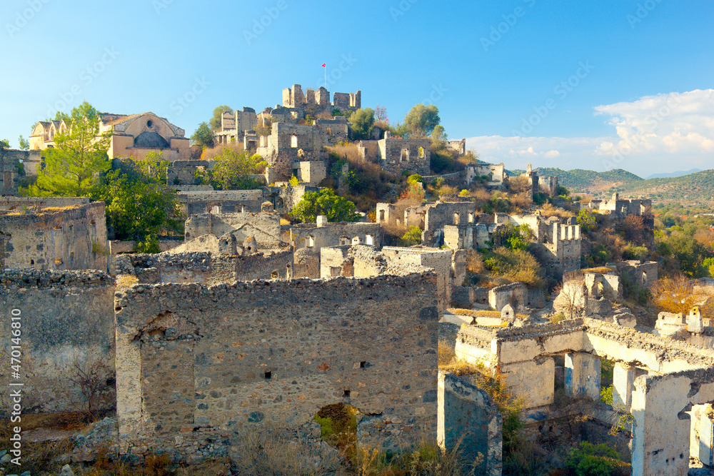 View of abondoned houses of ancient town Kayakoy. Mugla Province, Turkey