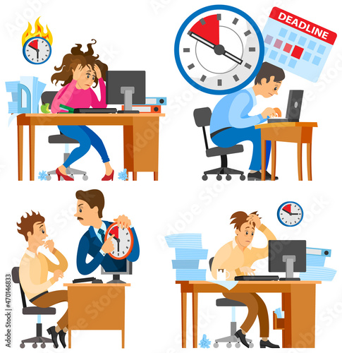 Missing deadline, bad time management. Work in high stress conditions and under hard boss pressure. Scene of tired, nervous, stressed people clutches head at work, many tasks. Deadline metaphors