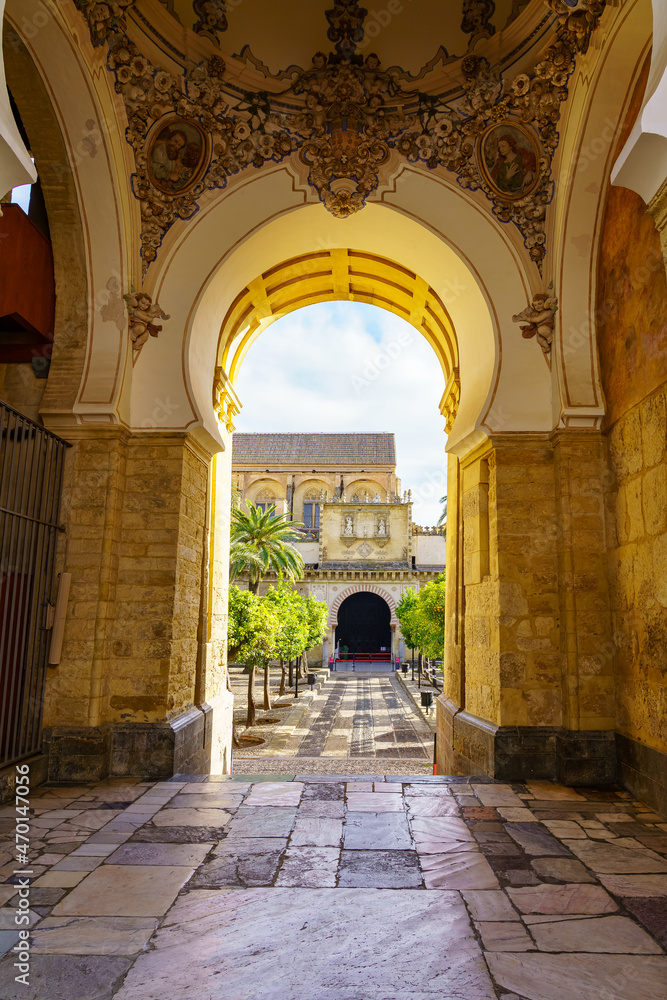 Arch-shaped access door to the patio of the orange trees of the Cordoba mosque. Andalusia.
