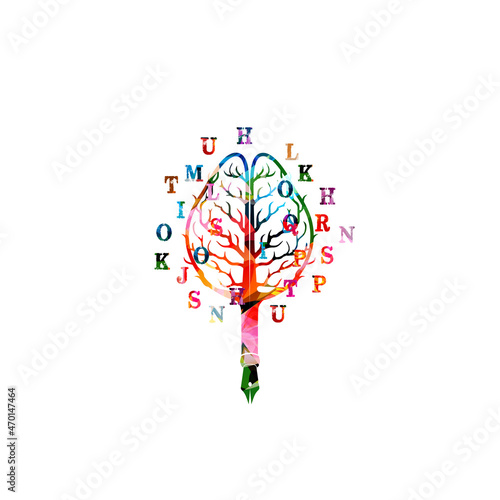 Copywriting, neuro linguistic programming, creativity in writing, brainstorming vector illustration. Storytelling, blog, neurolinguistics, writing therapy concept. Colorful tree brain with pencil