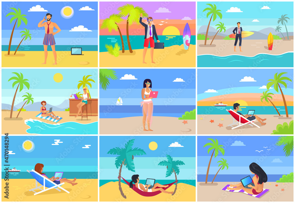 Freelancer summer posters set with man and woman working on laptops in internet, resting on beach at coastline, freelance job concept, women in hammock Freelancer summer posters set with man and woman working on laptops in internet, resting on beach at coastline, freelance job concept, women in hammock
