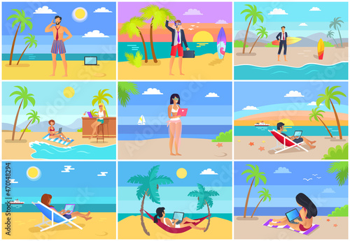 Freelancer summer posters set with man and woman working on laptops in internet, resting on beach at coastline, freelance job concept, women in hammock