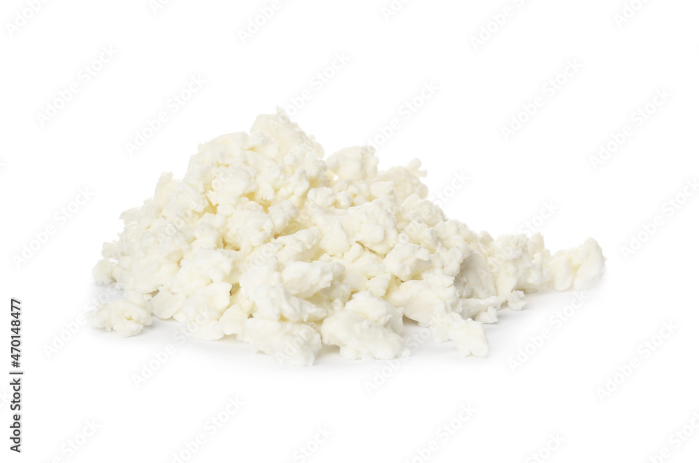 Pile of delicious fresh cottage cheese on white background