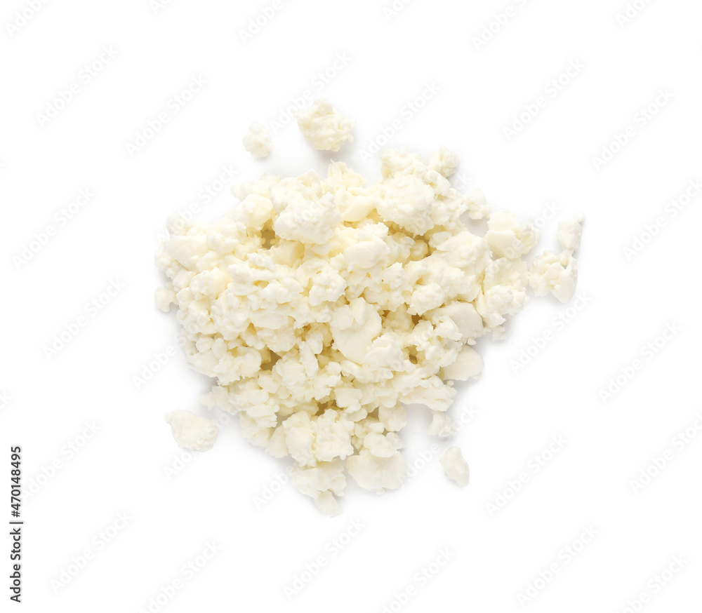 Pile of delicious fresh cottage cheese on white background, top view