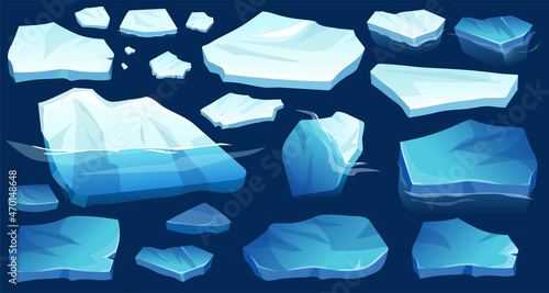 Atlantic, antarctic floes, glaciers and icebergs floating on surface. Set of isolated masses of cracked ice. Global warming, climate change. Frozen blue water. View from above.