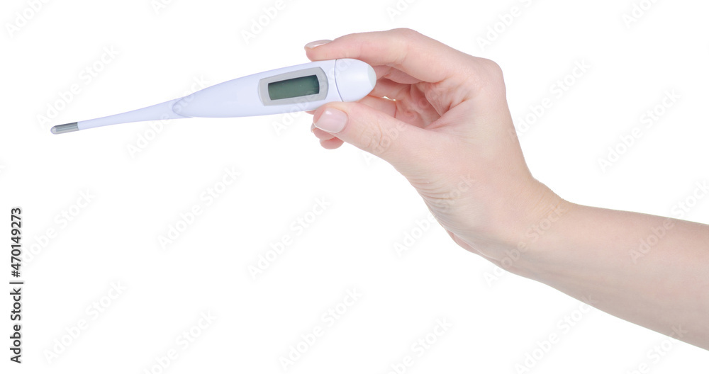 Medical digital electronic thermometer in hand on white background isolation Medical digital electronic thermometer in hand on white background isolation