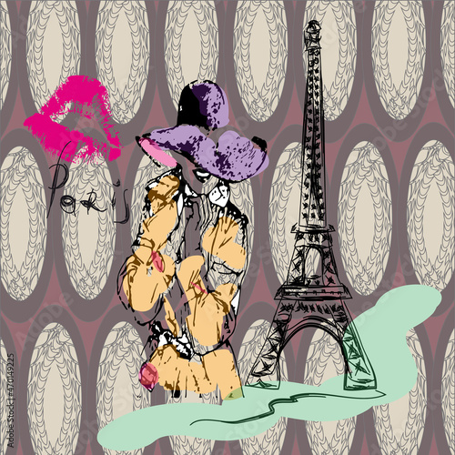 Avant-garde art. Parisian woman in a hat and trenchcoat, retro style, Eiffel Tower. Contemporary trendy vector illustration. Pattern, Wallpaper