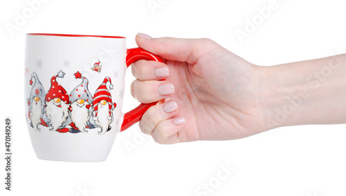 Christmas cup mug in hand on white background isolation