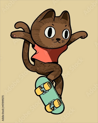 Cat Skater. Cute cat character doing trick on skateboard isolated summer sports pet character vector illustration
